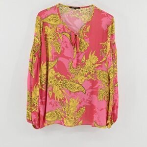 Kobi Halperin Silk Floral Tie Womens Size XL Pink Yellow Tie Neck Tassel Blouse